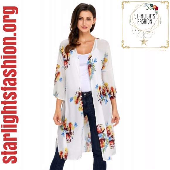 Ivory Floral Side Slit Boho Kimono - Picture 5 of 7